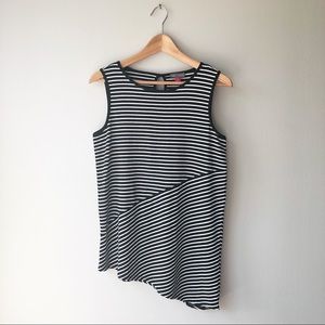 Vince Camuto Petite Black and White Striped Sleeveless Top with Asymmetrical Hem